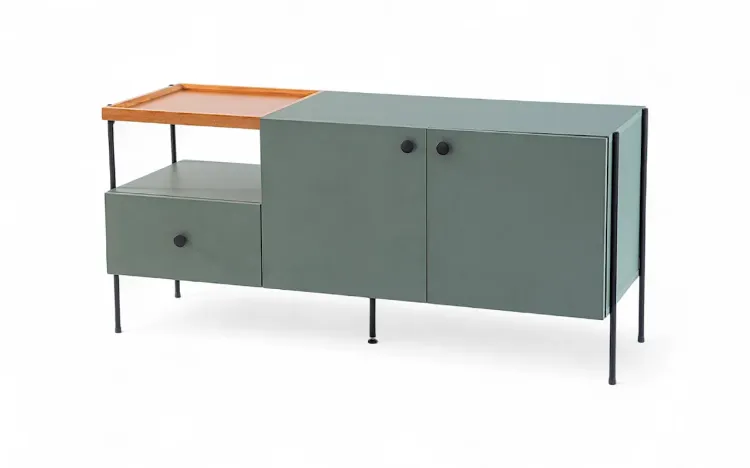 RACK PARA TV PÉS DE METAL 2 PORTAS COM GAVETA TRAY MDF VERDE ESCURO 122,5X41,5X56 CM