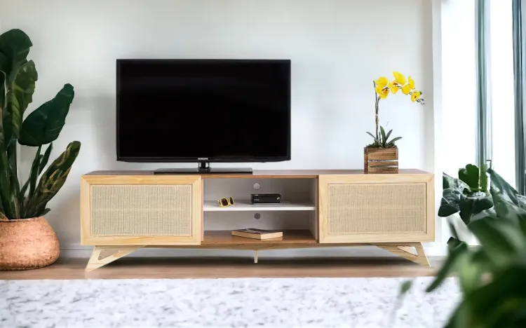 RACK TV MODERNO RETRÔ VINTAGE FREDDIE 1800 MDF FREIJÓ PÉS MADEIRA TAEDA 2 PORTAS DE PALHINHA 180x43,6x48,5 CM