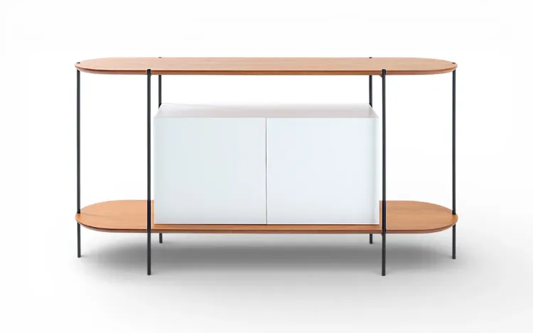 BUFFET MODERNO PARA SALA DE JANTAR BRANCO 2 PORTAS COM LÂMINA NATURAL DE TAUARI E PÉS DE METAL MOOB 140X35X75,5 CM