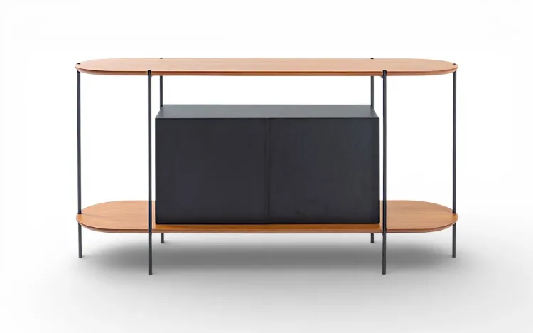 BUFFET APARADOR MODERNO 2 PORTAS PRETO TAMPO EM TAUARI NATURAL E P&Eacute;S DE METAL MOOB 140X35X75,5 CM