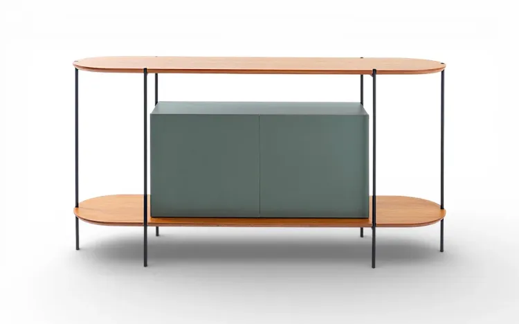 BUFFET APARADOR MODERNO 2 PORTAS VERDE MUSGO TAMPO EM TAUARI NATURAL E PÉS DE METAL MOOB 140X35X75,5 CM