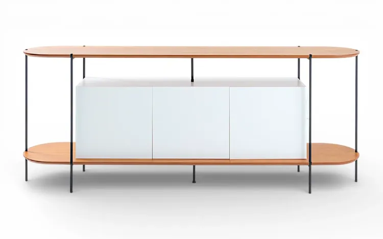 BUFFET MODERNO PARA SALA DE JANTAR BRANCO 3 PORTAS COM L&Acirc;MINA NATURAL DE TAUARI E P&Eacute;S DE METAL MOOB 180X35X75,5 CM