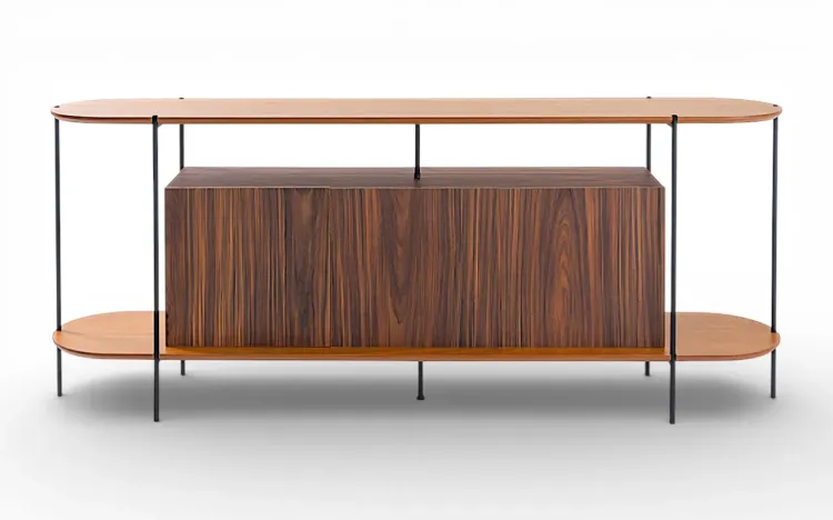BALCÃO BUFFET 3 PORTAS CONTEMPORÂNEO PAU FERRO TAMPO EM TAUARI NATURAL E PÉS DE METAL MOOB 180X35X75,5 CM