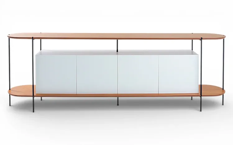 BUFFET MODERNO PARA SALA DE JANTAR BRANCO 4 PORTAS COM LÂMINA NATURAL DE TAUARI E PÉS DE METAL MOOB 220X35X75,5 CM