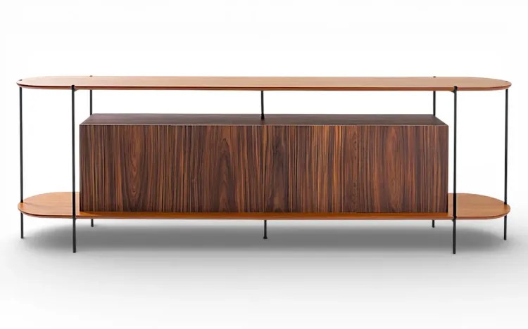 BALCÃO BUFFET 4 PORTAS CONTEMPORÂNEO PAU FERRO TAMPO EM TAUARI NATURAL E PÉS DE METAL MOOB 220X35X75,5 CM