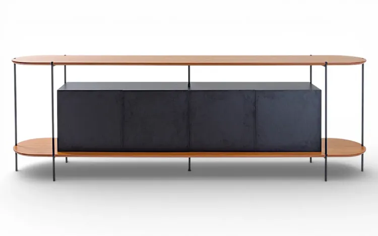 BUFFET APARADOR MODERNO 4 PORTAS PRETO TAMPO EM TAUARI NATURAL E PÉS DE METAL MOOB 220X35X75,5 CM