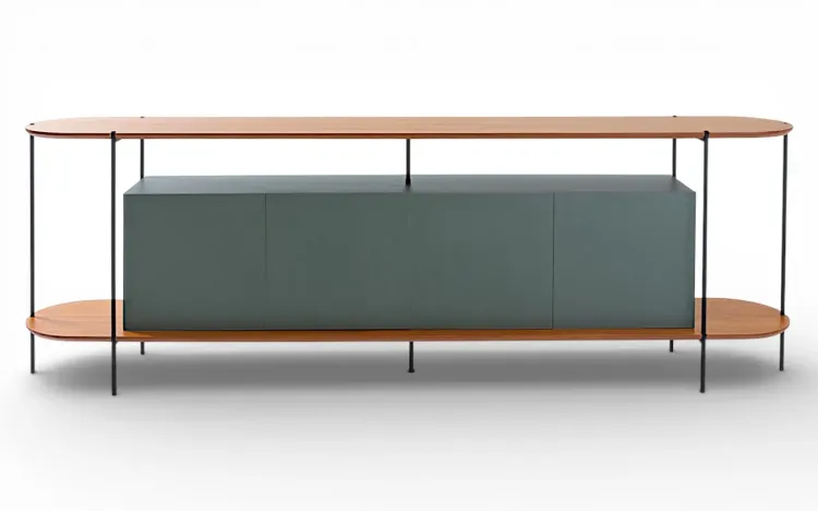 BUFFET APARADOR MODERNO 4 PORTAS VERDE MUSGO TAMPO EM TAUARI NATURAL E PÉS DE METAL MOOB 220X35X75,5 CM