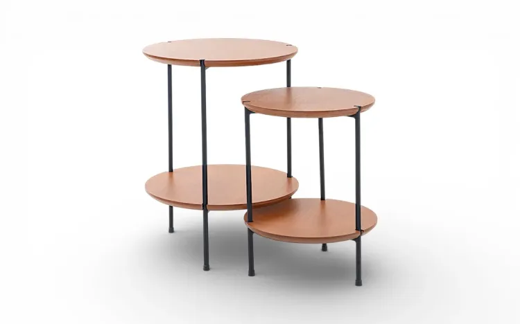 KIT 2 MESAS LATERAIS REDONDAS EM MADEIRA NATURAL TAUARI E METAL DESIGN CONTEMPOR&Acirc;NEO MOOB 34X34X49CM E 42X42X54CM