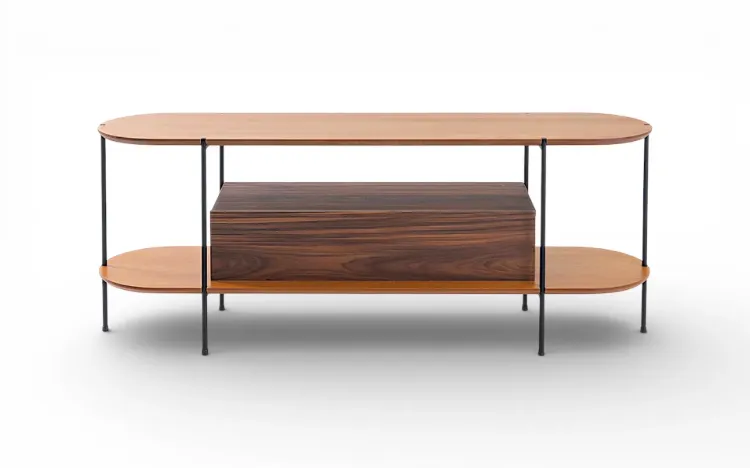 RACK PARA SALA DE ESTAR PAU FERRO TAMPO EM MADEIRA NATURAL TAUARI E PÉS DE METAL MOOB  140X35X54CM