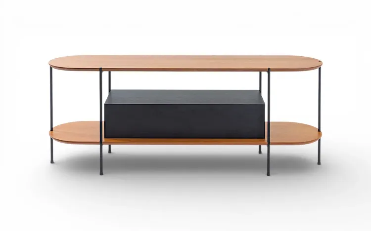 RACK PARA SALA DE ESTAR PRETO TAMPO EM MADEIRA NATURAL TAUARI E P&Eacute;S DE METAL MOOB  140X35X54CM