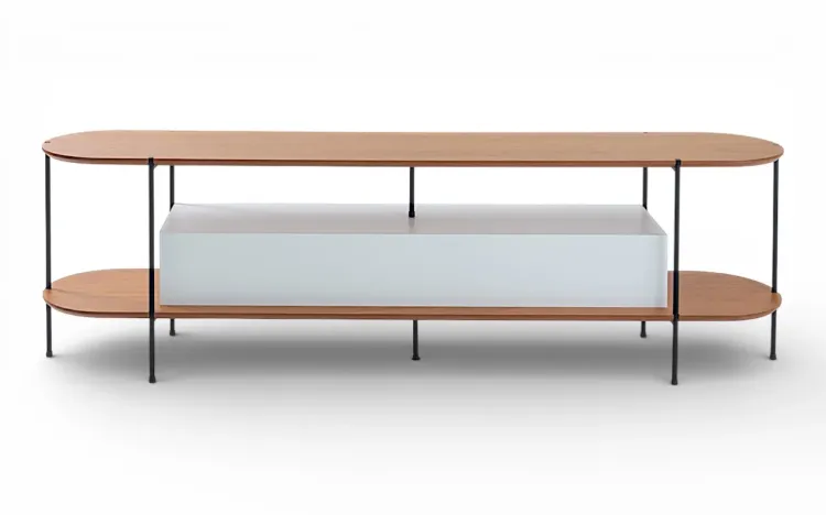 RACK PARA TV MODERNO BRANCO TAMPO EM MADEIRA NATURAL TAUARI E P&Eacute;S DE METAL MOOB  180X35X54CM