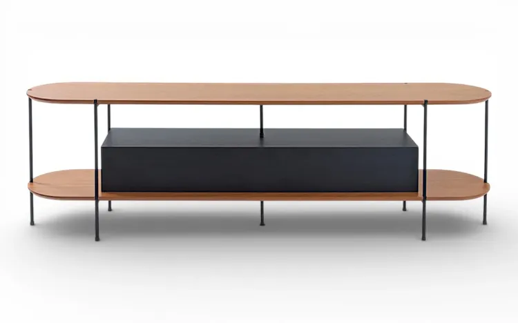 RACK PARA SALA DE ESTAR PRETO TAMPO EM MADEIRA NATURAL TAUARI E P&Eacute;S DE METAL MOOB  180X35X54CM