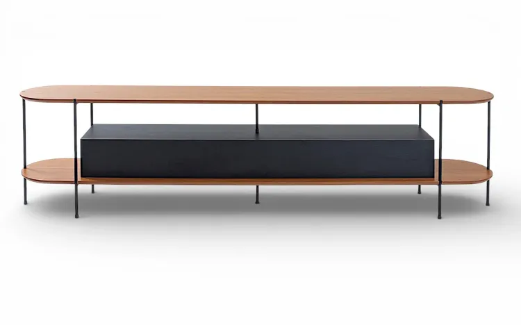 RACK GRANDE PARA TV PRETO TAMPO EM MADEIRA NATURAL TAUARI E PÉS DE METAL MOOB  2200X35X54CM