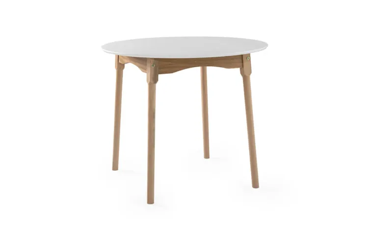 MESA DE JANTAR REDONDA MIMO BASE VERNIZ AMENDOA E TAMPO LACA BRANCO 90x90x76 CM