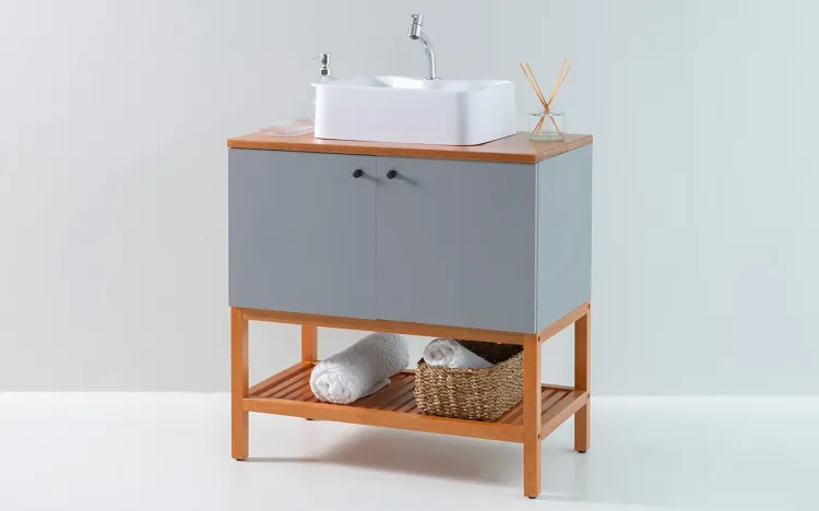 BALCÃO DE BANHEIRO 2 PORTAS SLAT 75X42X77CM CINZA PURO E VERNIZ JATOBÁ