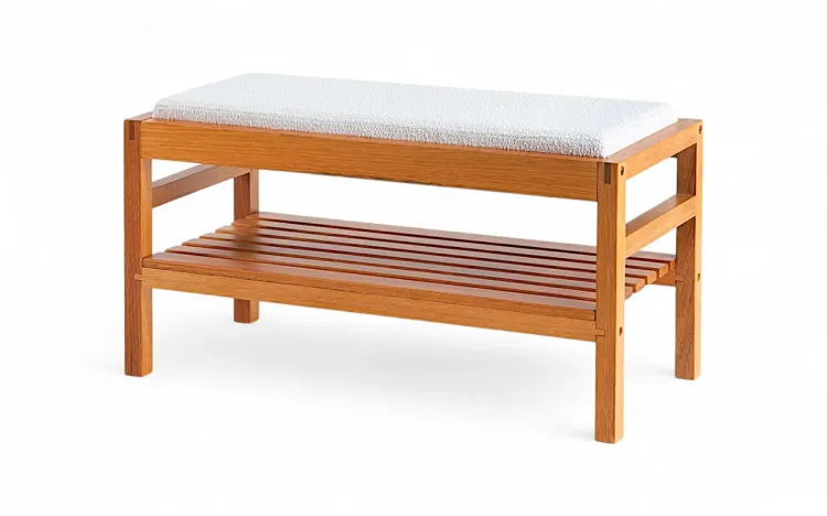 BANQUINHO DE MADEIRA PARA HALL DE ENTRADA KERB VERNIZ JATOBÁ TEC. BOUCLE OFF WHITE 90X40X48CM