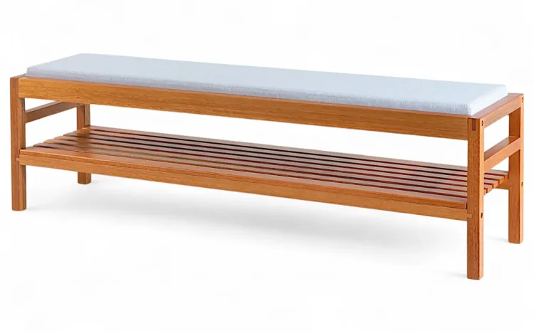 BANCO PESEIRA DE CAMA MAIOR KERB VERNIZ JATOBÁ TEC. ALGODÃO RÚSTICO CINZA CLARO 160X40X48CM