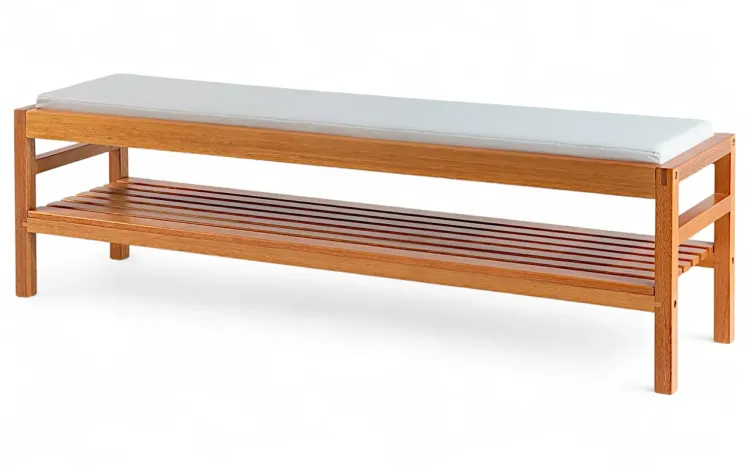 BANCO PESEIRA DE MADEIRA MAIOR KERB VERNIZ JATOBÁ TEC. COURO OFF WHITE 160X40X48CM