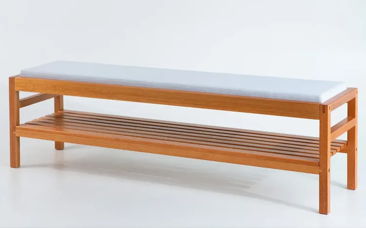 BANCO PESEIRA DE CAMA MAIOR KERB VERNIZ JATOBÁ TEC. ALGODÃO RÚSTICO CINZA CLARO 160X40X48CM