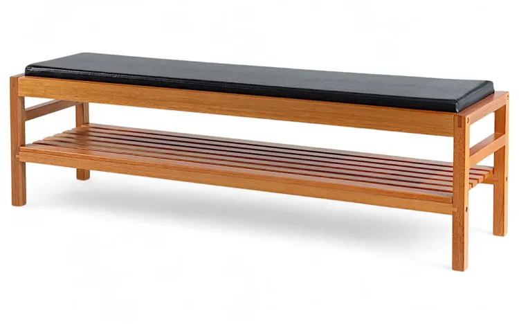 BANCO PESEIRA ESTOFADO MAIOR KERB VERNIZ JATOBÁ TEC. COURO SINTÉTICO PRETO 160X40X48CM