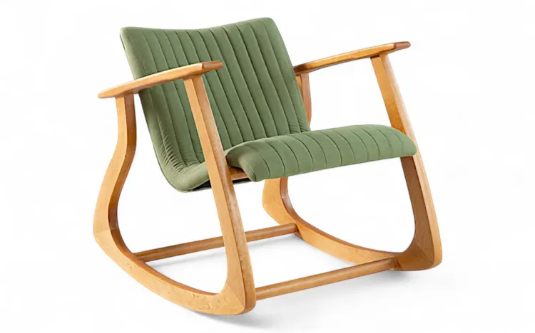 POLTRONA PARA QUARTO DE BALANÇO ESTOFADA SMITH MATELASSÊ VERNIZ JATOBÁ TEC.121 VERDE MUSGO 65X83X72CM