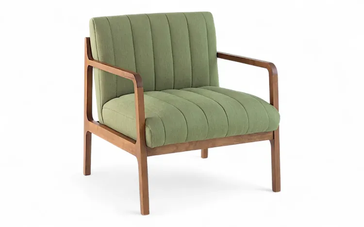 POLTRONA MODERNA DE MADEIRA ESTOFADA CANELA VERNIZ PINHÃO TEC. VERDE MUSGO 69X71X79 CM