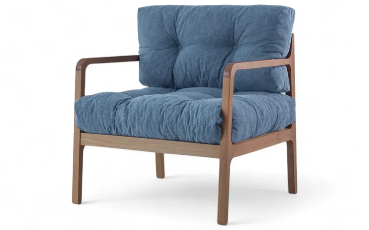 POLTRONA MODERNA DE MADEIRA ESTOFADA CANELA FLOCOS VERNIZ AMENDOA TEC.930 AZUL CLARO 69X71X79 CM