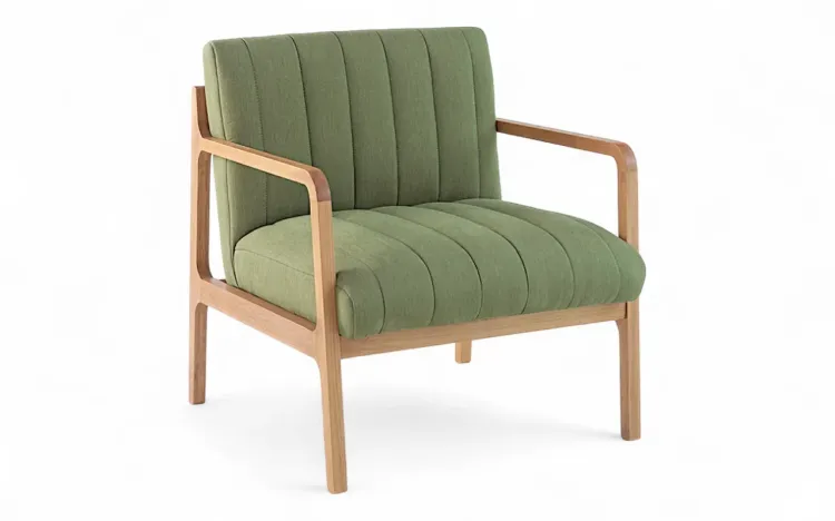 POLTRONA PARA QUARTO ESTOFADA CANELA VERNIZ AMÊNDOA TEC. VERDE MUSGO 69X71X79 CM