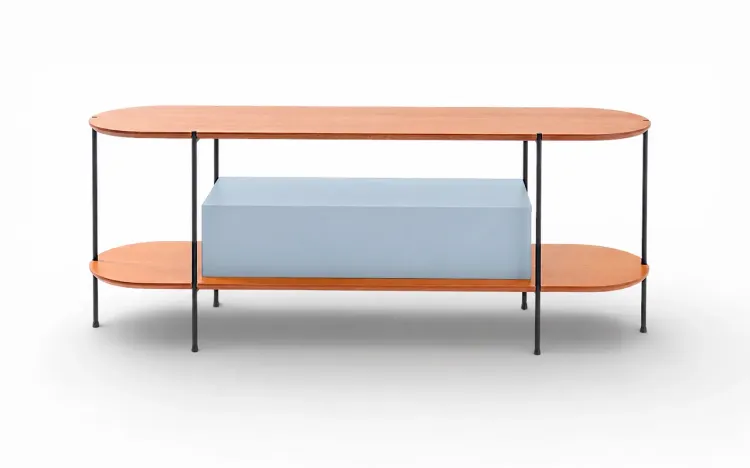 RACK PARA SALA DE ESTAR MDF AZUL SERENO E TAMPO EM MADEIRA NATURAL TAUARI E P&Eacute;S DE METAL MOOB  140X35X54CM
