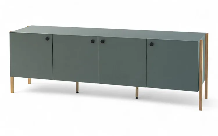 RACK PARA SALA TV 4 PORTAS NASH MDF VERDE ESCURO E PÉS DE MADEIRA TAUARI 164X41,5X56 CM