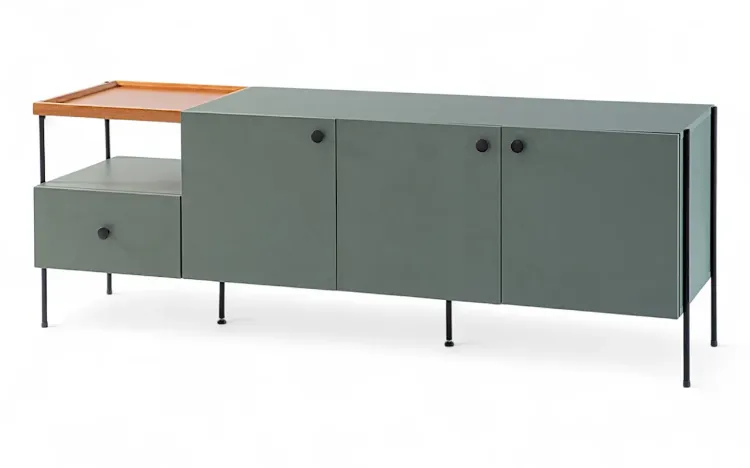 RACK PARA TV PÉS DE METAL 3 PORTAS COM GAVETA TRAY MDF VERDE ESCURO 162,5X41,5X56 CM