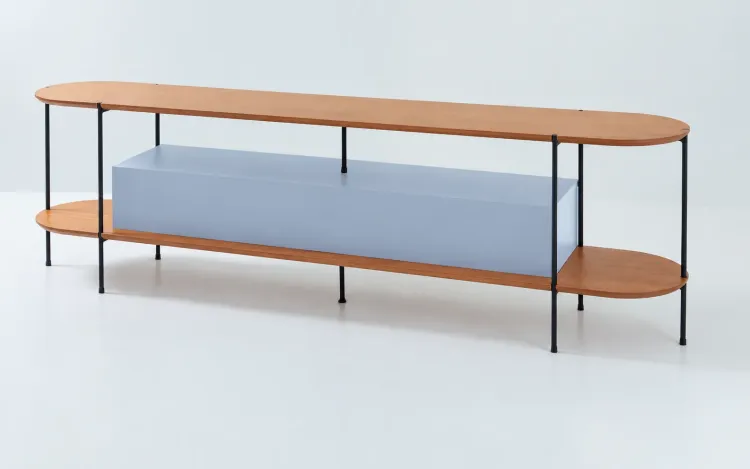 RACK PARA SALA DE TV AZUL SERENO TAMPO EM MADEIRA NATURAL TAUARI E PÉS DE METAL MOOB  180X35X54CM