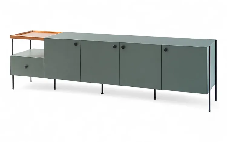 RACK DE  SALA DE TV COM PÉS DE METAL 4 PORTAS E GAVETA TRAY MDF VERDE ESCURO 202,5X41,5X56 CM