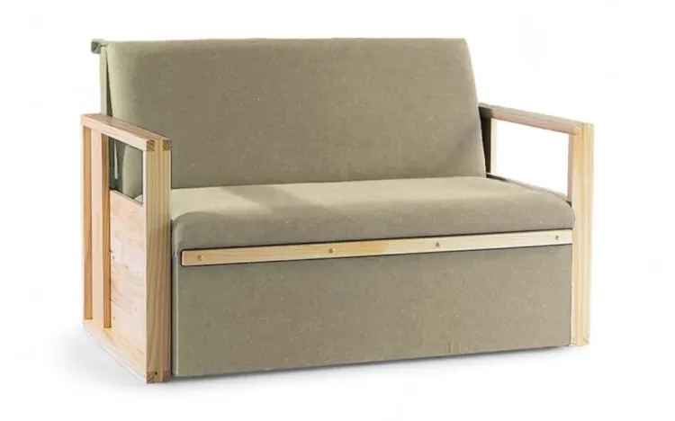 SOFÁ CAMA DE CASAL MADEIRA AKROPI - SOFÁ RETRÁTIL ESTOFADO VERNIZ NATURAL TECIDO BEGE - 128X90X85CM