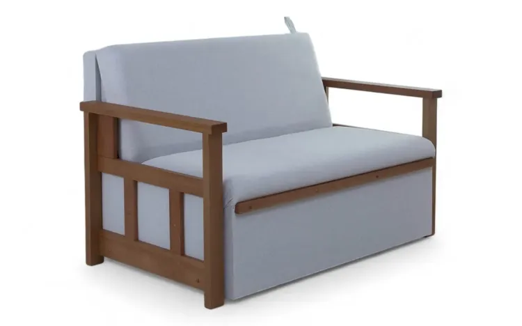 SOFÁ CAMA CINZA DE MADEIRA PARA CASAL AKRO BICAMA DE MADEIRA VERNIZ CASTANHO TECIDO CINZA - 128X90X85CM