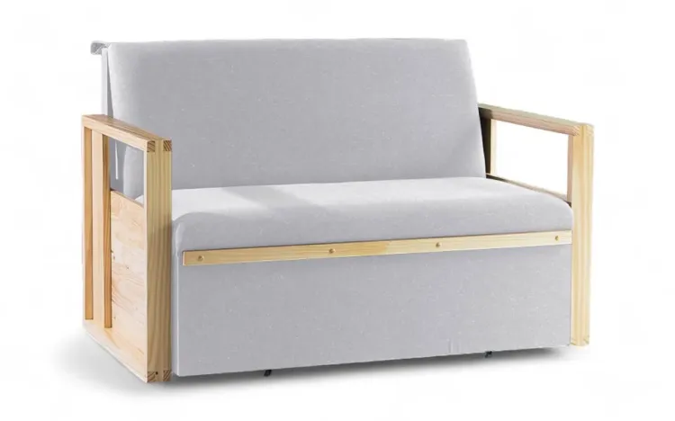 SOFÁ CAMA DE CASAL MADEIRA AKROPI - SOFÁ RETRÁTIL ESTOFADO VERNIZ NATURAL TECIDO CINZA CLARO - 128X90X85CM