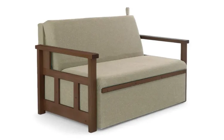 SOFÁ CAMA BEGE DE MADEIRA PARA CASAL AKRO BICAMA DE MADEIRA VERNIZ CASTANHO TECIDO BEGE - 128X90X85CM