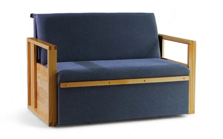 SOFÁ CAMA DE MADEIRA CASAL AKROPI - BICAMA DE MADEIRA VERNIZ MEL TECIDO CHUMBO - 128X90X85CM