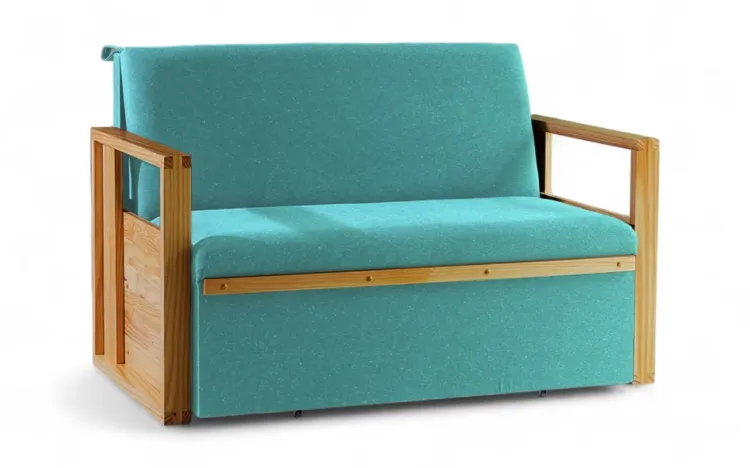 SOFÁ CAMA COMPACTO PARA CASAL AKROPI - SOFÁ BICAMA ESTOFADO VERNIZ MEL TECIDO TURQUESA - 128X90X85CM