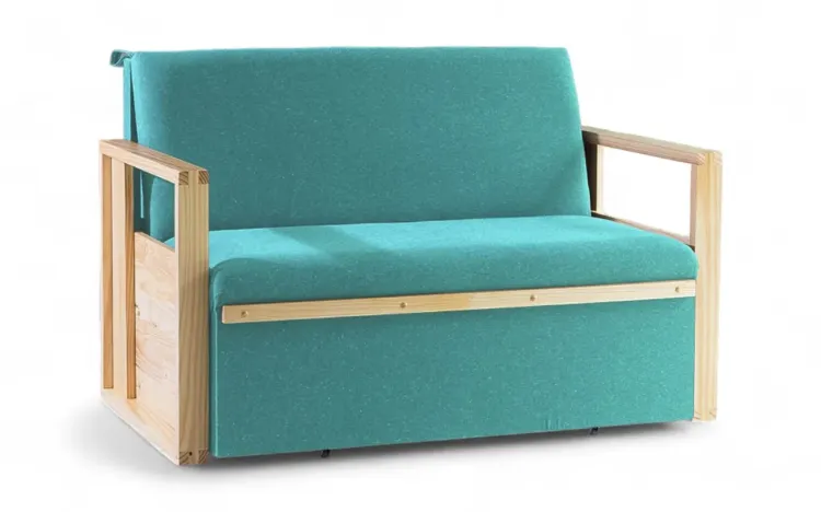 SOFÁ CAMA COMPACTO PARA CASAL AKROPI - SOFÁ BICAMA ESTOFADO VERNIZ NATURAL TECIDO TURQUESA - 128X90X85CM