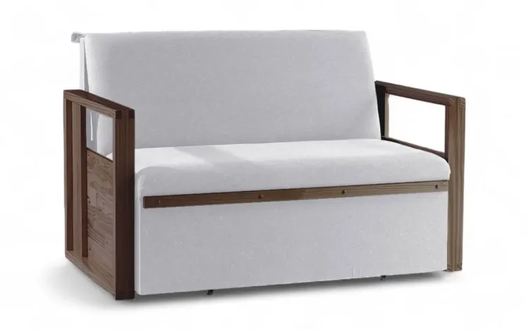 SOFÁ CAMA DE CASAL MADEIRA AKROPI - SOFÁ RETRÁTIL ESTOFADO VERNIZ CASTANHO TECIDO CINZA CLARO - 128X90X85CM