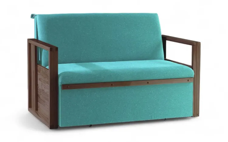 SOFÁ CAMA COMPACTO PARA CASAL AKROPI - SOFÁ BICAMA ESTOFADO VERNIZ CASTANHO TECIDO TURQUESA - 128X90X85CM