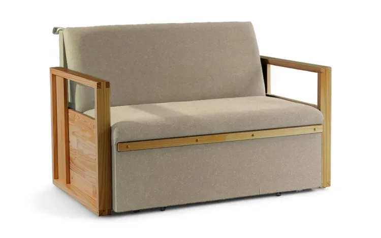 SOFÁ CAMA COMPACTO PARA CASAL AKROPI - SOFÁ BICAMA ESTOFADO VERNIZ MEL TECIDO BEGE - 128X90X85CM